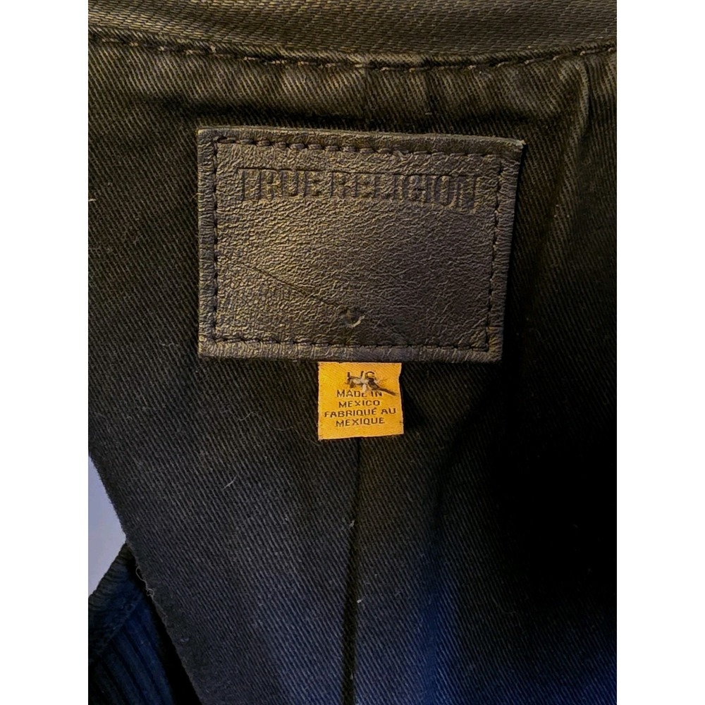 True Religion Women's Black Wax Coated Denim Moto Jacket Sz L Biker Grunge Punk - Picture 11 of 13
